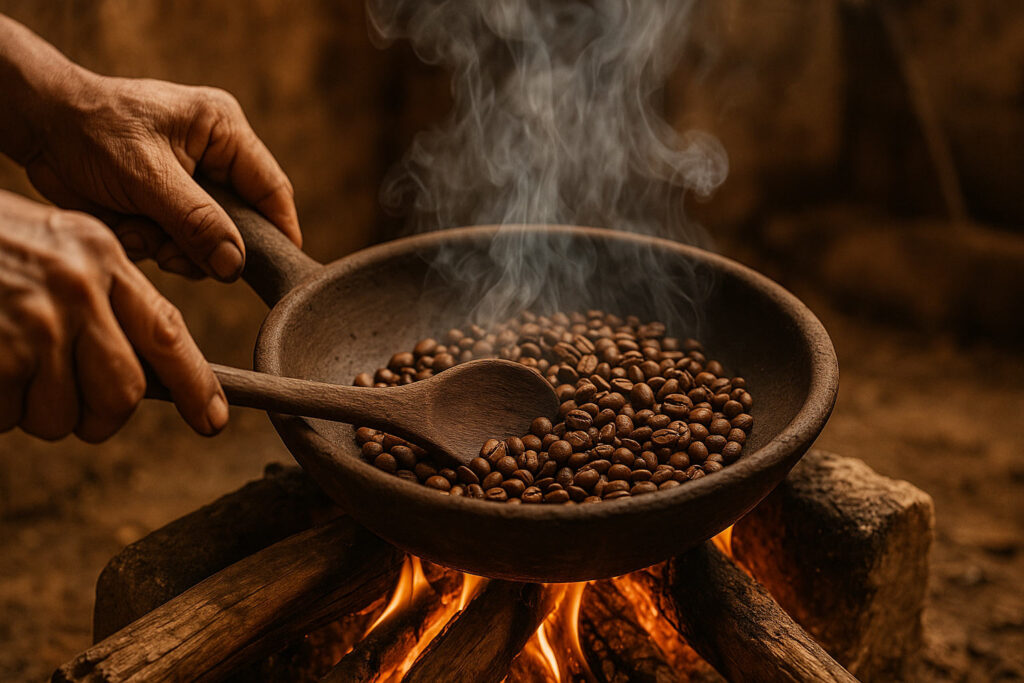 Traditional coffee roasting in Bali plantation