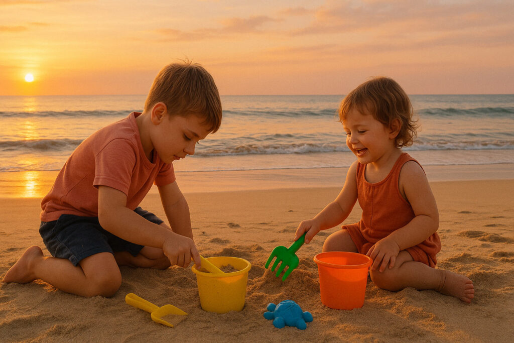 Family playing at Sanur beach – tips for traveling with kids in Bali