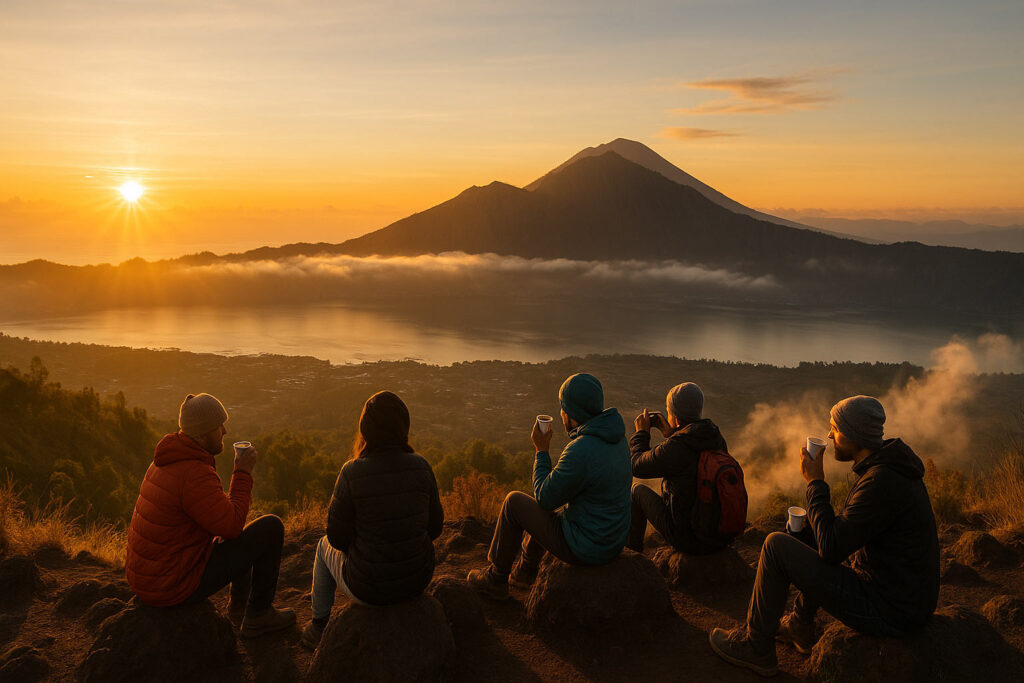 Sunrise view from Mount Batur overlooking Lake Batur and Mount Agung, with golden light over Bali’s caldera.