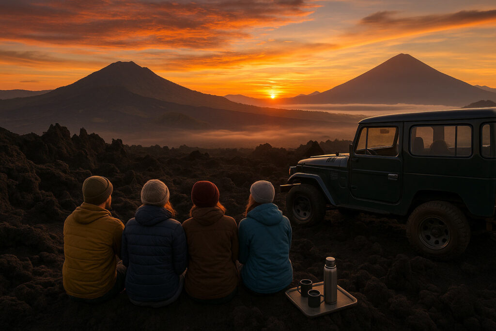 Tourists enjoying coffee near a jeep during sunrise on Mount Batur’s lava field in Bali.