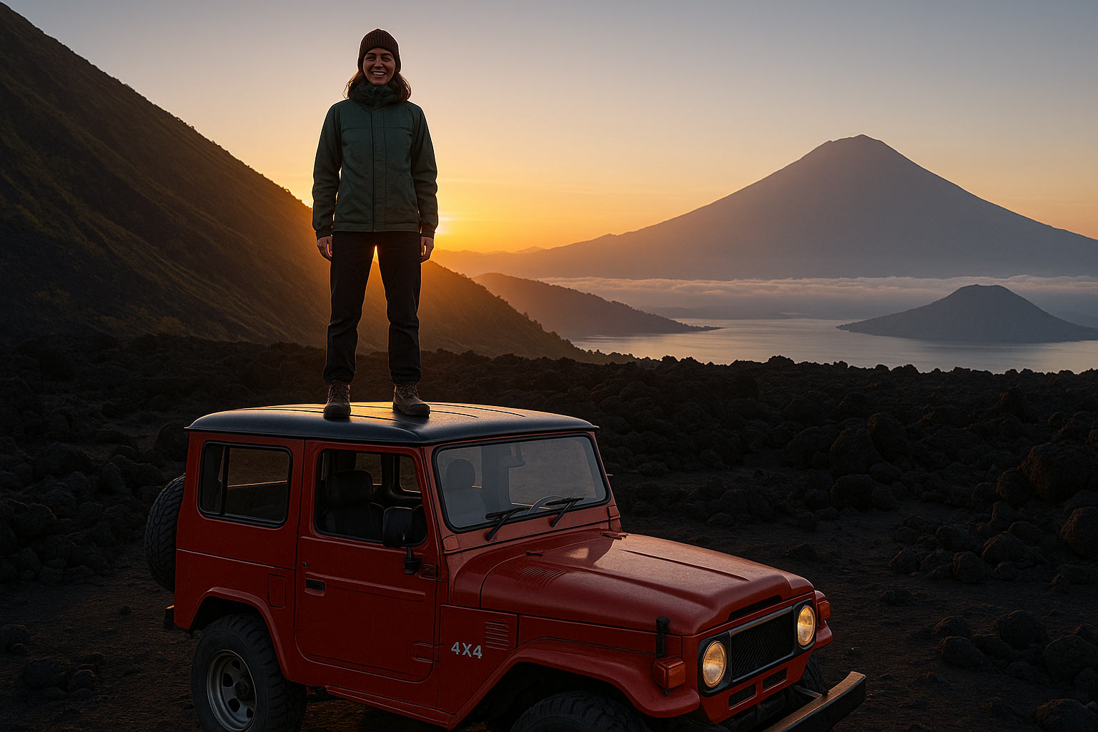 Female tourist standing on jeep roof at Mount Batur sunrise with a big smile and volcano backdrop.