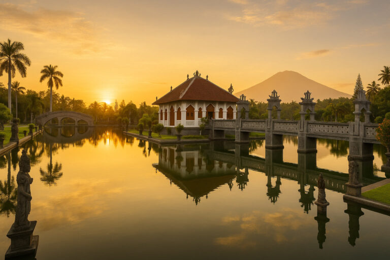 Wide-angle sunrise view of Taman Ujung Water Palace with floating pavilion and mountain backdrop.