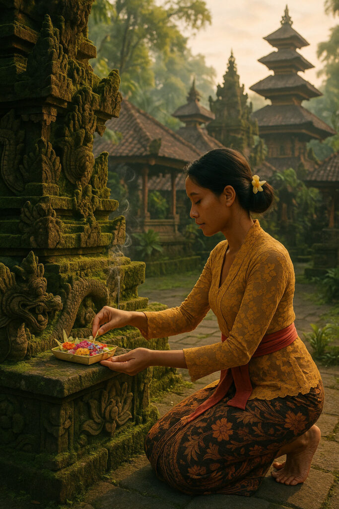 Balinese woman offering canang sari at a temple in Ubud – a daily ritual in the spiritual heart of Bali.