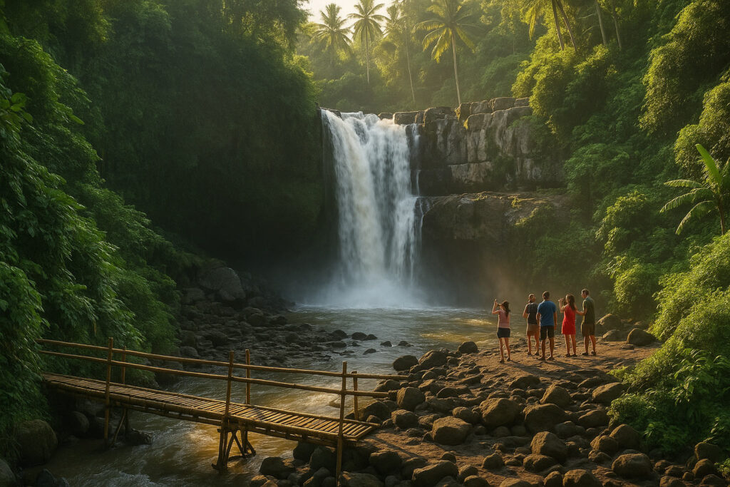 Tourists heading to Tegenungan Waterfall while private driver waits near the entrance.