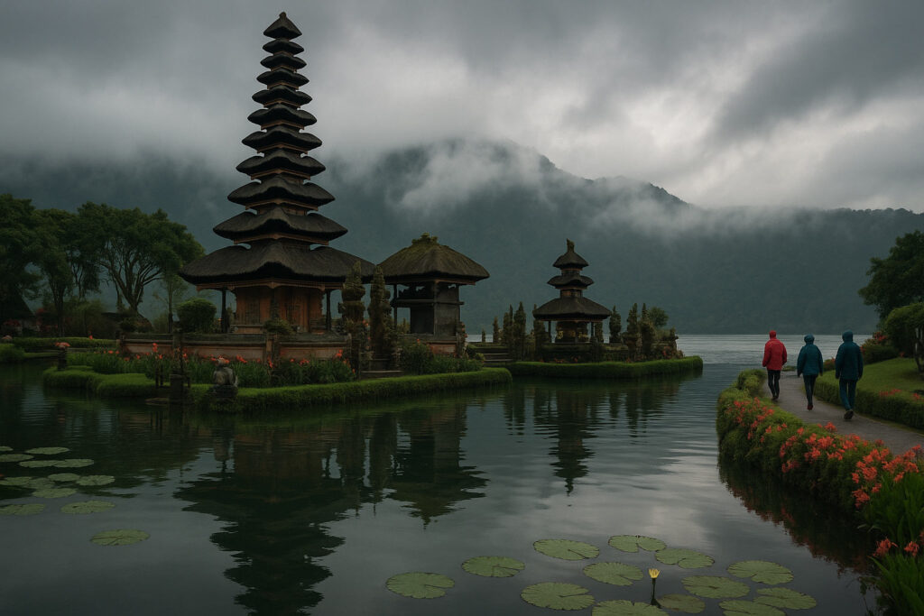 Private driver assisting couple at Ulun Danu Beratan Temple by the lake.