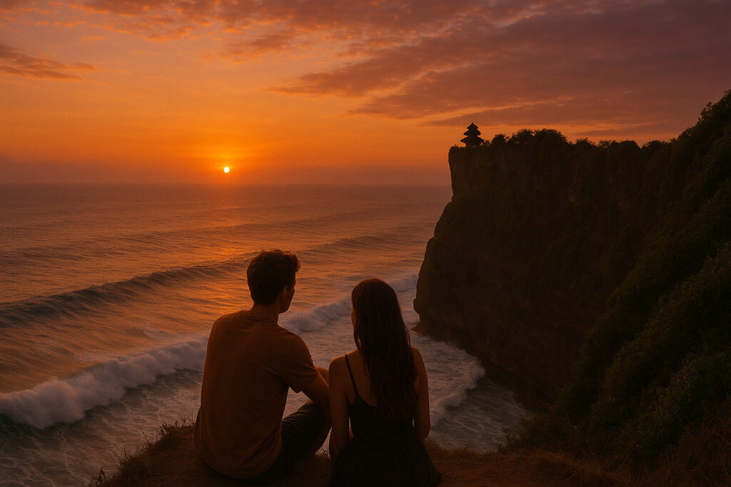 Sunset at Uluwatu Temple Bali with ocean view and cliff
