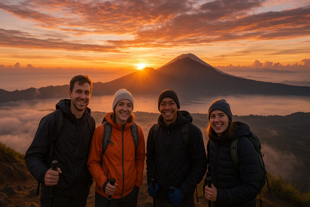 Mount Batur sunrise viewpoint with hikers and glowing sky