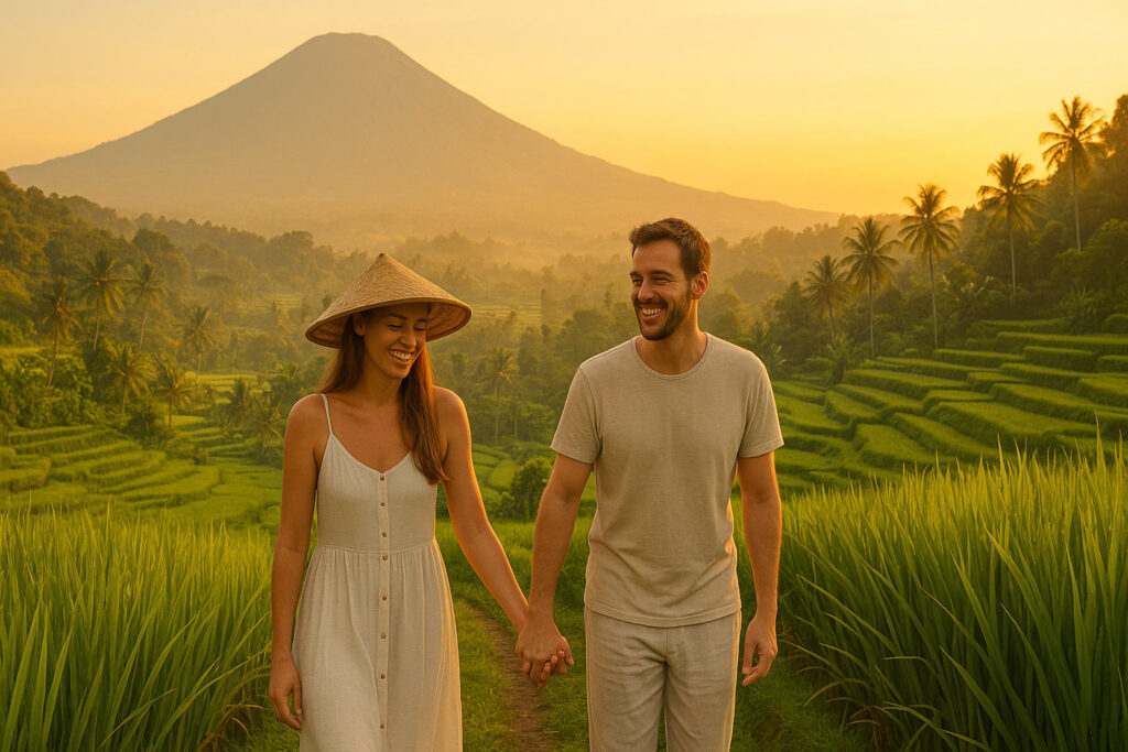 Sidemen Bali Valley rice terraces with Mount Agung