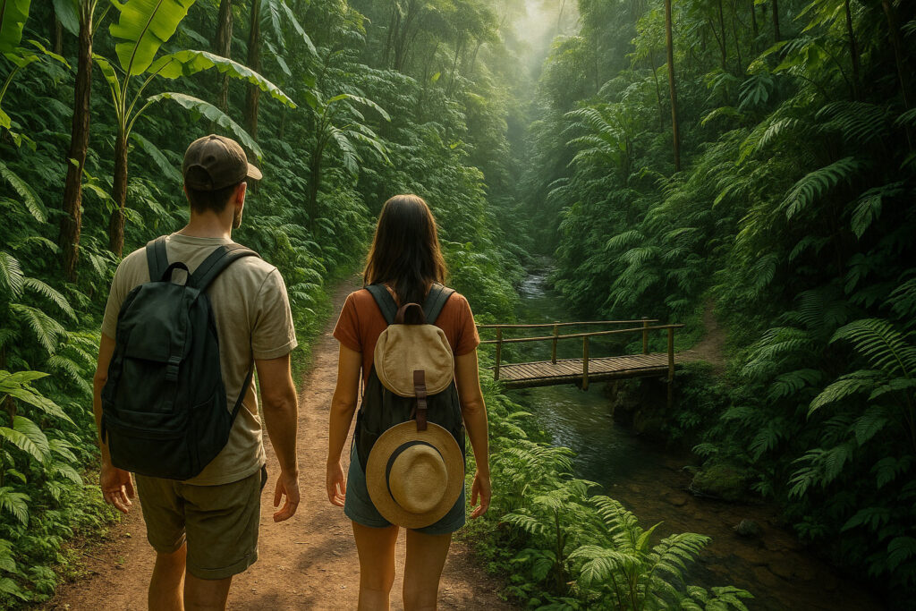 Tourists walking on a jungle trail toward Tibumana Waterfall, surrounded by tropical trees and morning sunlight in East Bali