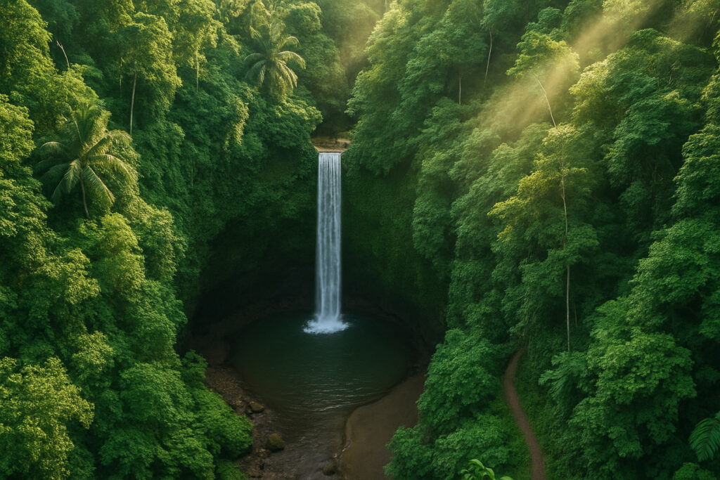 Tibumana Waterfall in East Bali cascading into a misty jungle pool, surrounded by mossy cliffs and morning forest light