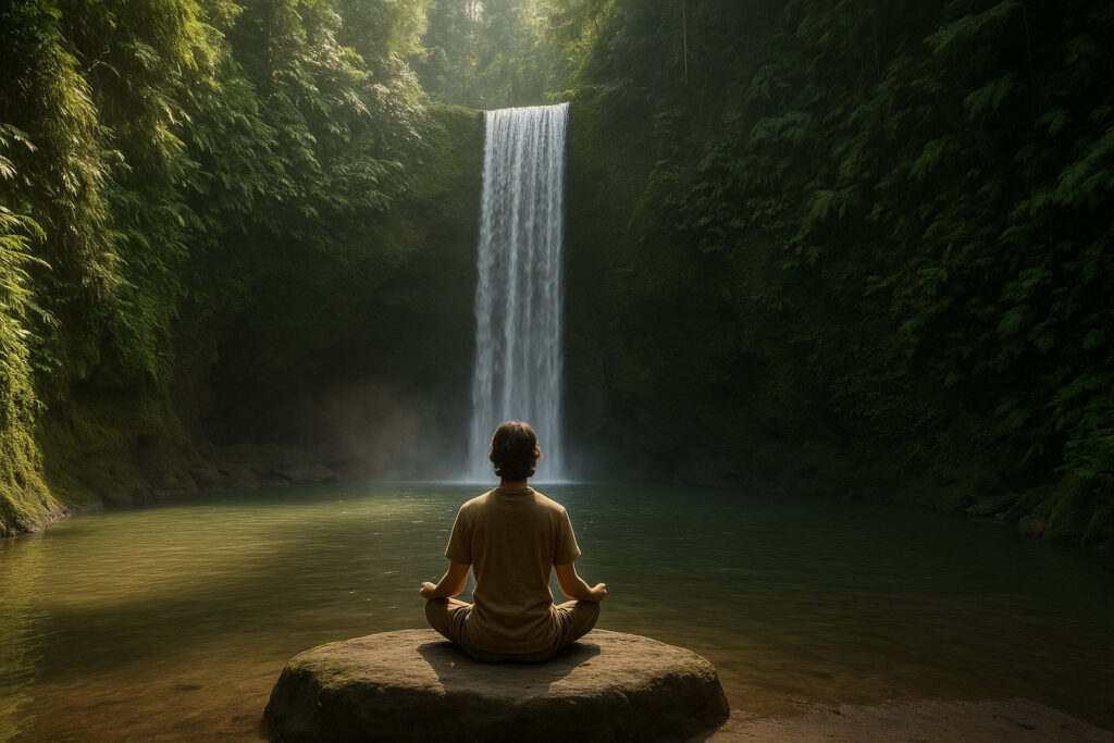 Traveler meditating on a rock facing Tibumana Waterfall, surrounded by mist and tropical forest in Bangli, East Bali