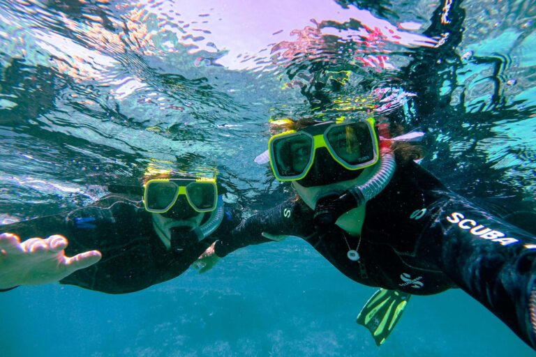 Snorkelers exploring the vibrant coral gardens of Blue Lagoon.
